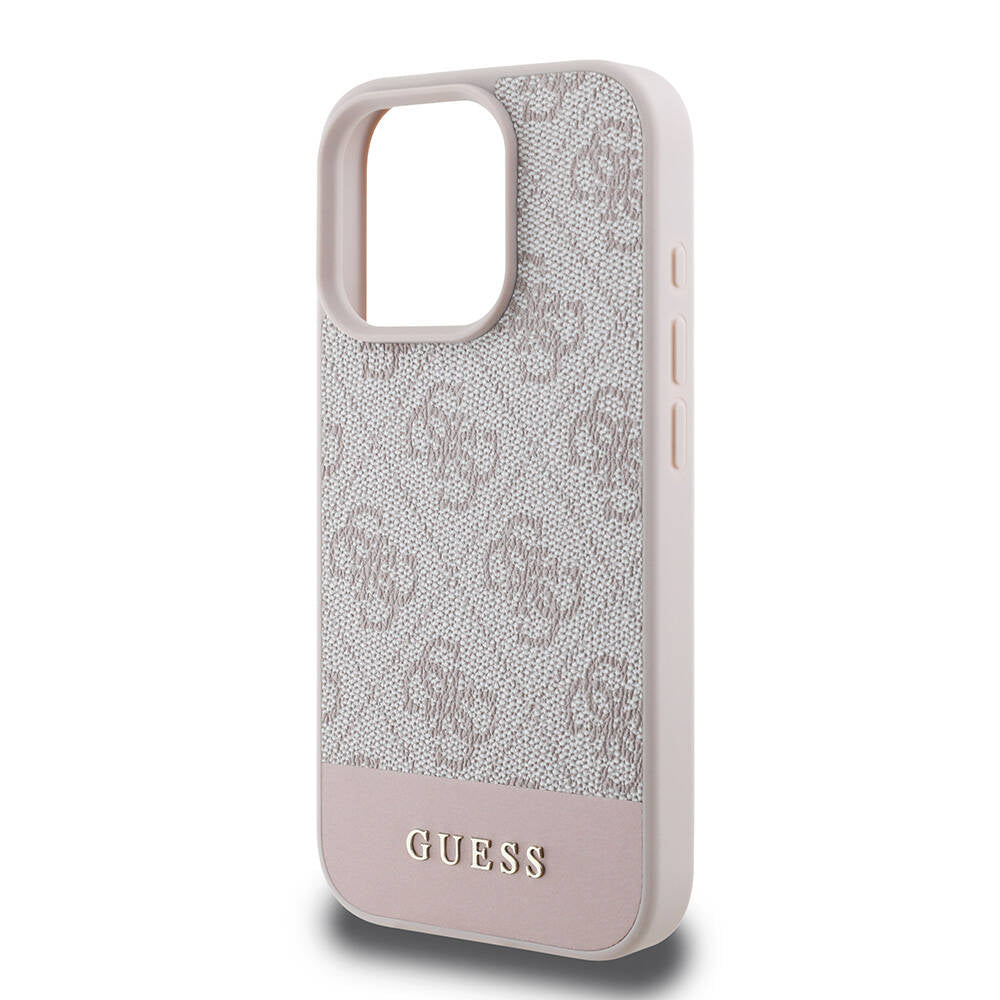 Apple iPhone 16 Pro Max Kılıf Guess Orjinal Lisanslı M-safe Şarj Özellikli PU Deri Şerit Logo Dizaynlı Kapak Pembe