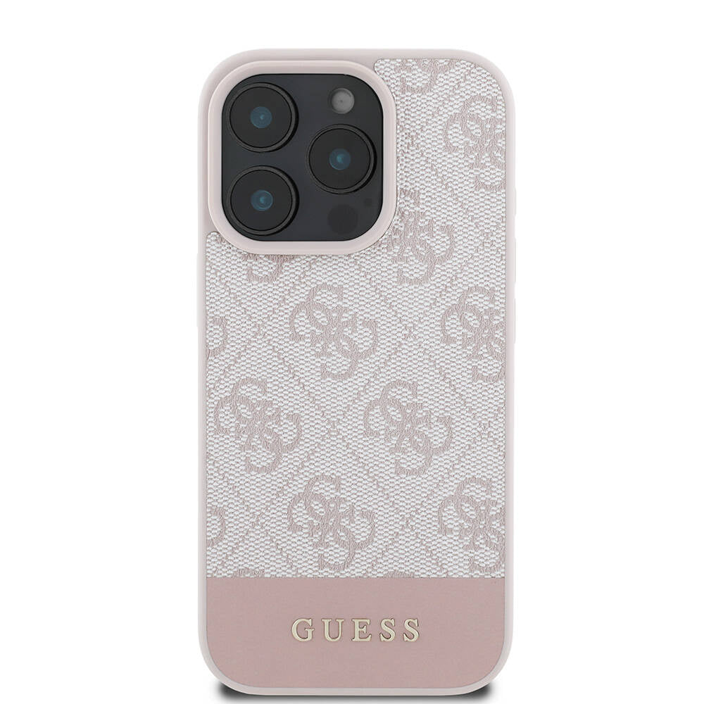 Apple iPhone 16 Pro Max Kılıf Guess Orjinal Lisanslı M-safe Şarj Özellikli PU Deri Şerit Logo Dizaynlı Kapak Pembe