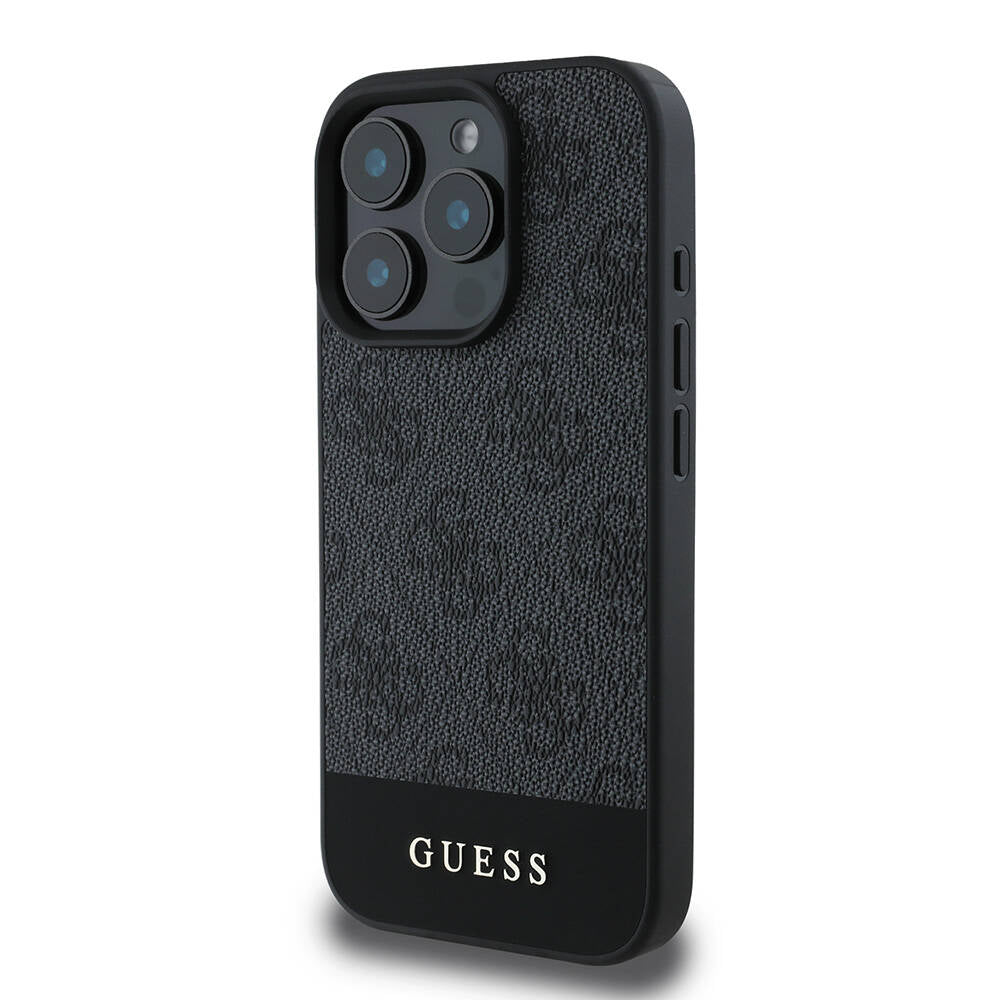 Apple iPhone 16 Pro Max Kılıf Guess Orjinal Lisanslı M-safe Şarj Özellikli PU Deri Şerit Logo Dizaynlı Kapak Siyah