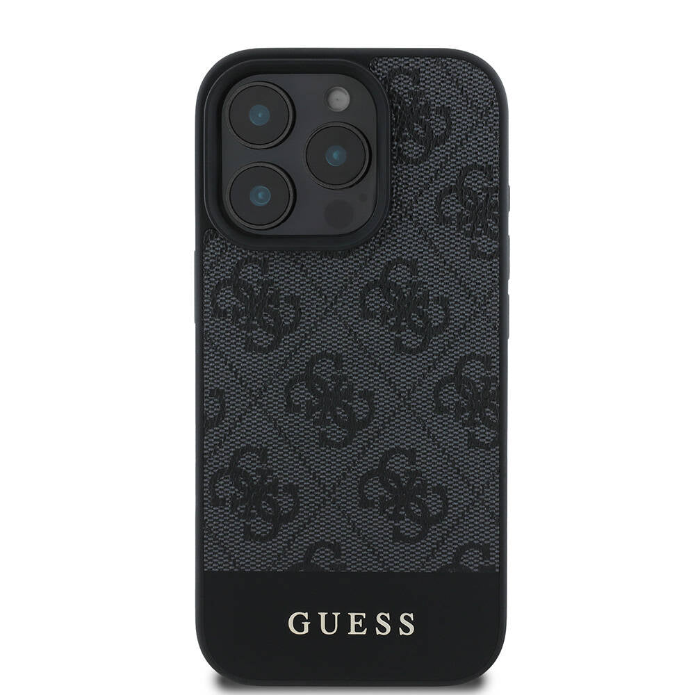 Apple iPhone 16 Pro Max Kılıf Guess Orjinal Lisanslı M-safe Şarj Özellikli PU Deri Şerit Logo Dizaynlı Kapak Siyah