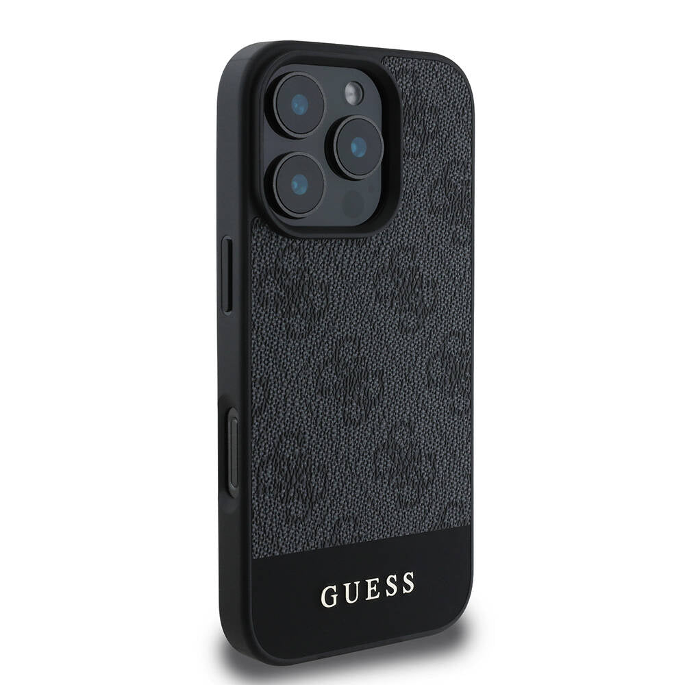 Apple iPhone 16 Pro Max Kılıf Guess Orjinal Lisanslı M-safe Şarj Özellikli PU Deri Şerit Logo Dizaynlı Kapak Pembe