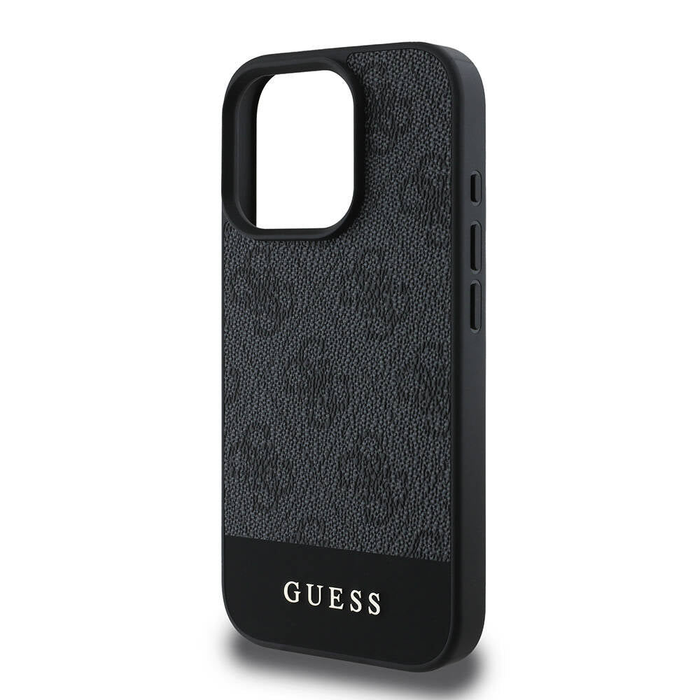 Apple iPhone 16 Pro Max Kılıf Guess Orjinal Lisanslı M-safe Şarj Özellikli PU Deri Şerit Logo Dizaynlı Kapak Siyah