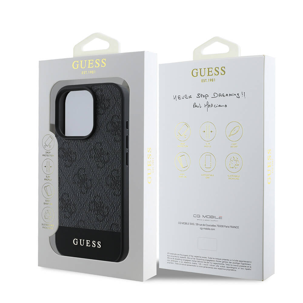 Apple iPhone 16 Pro Max Kılıf Guess Orjinal Lisanslı M-safe Şarj Özellikli PU Deri Şerit Logo Dizaynlı Kapak Siyah