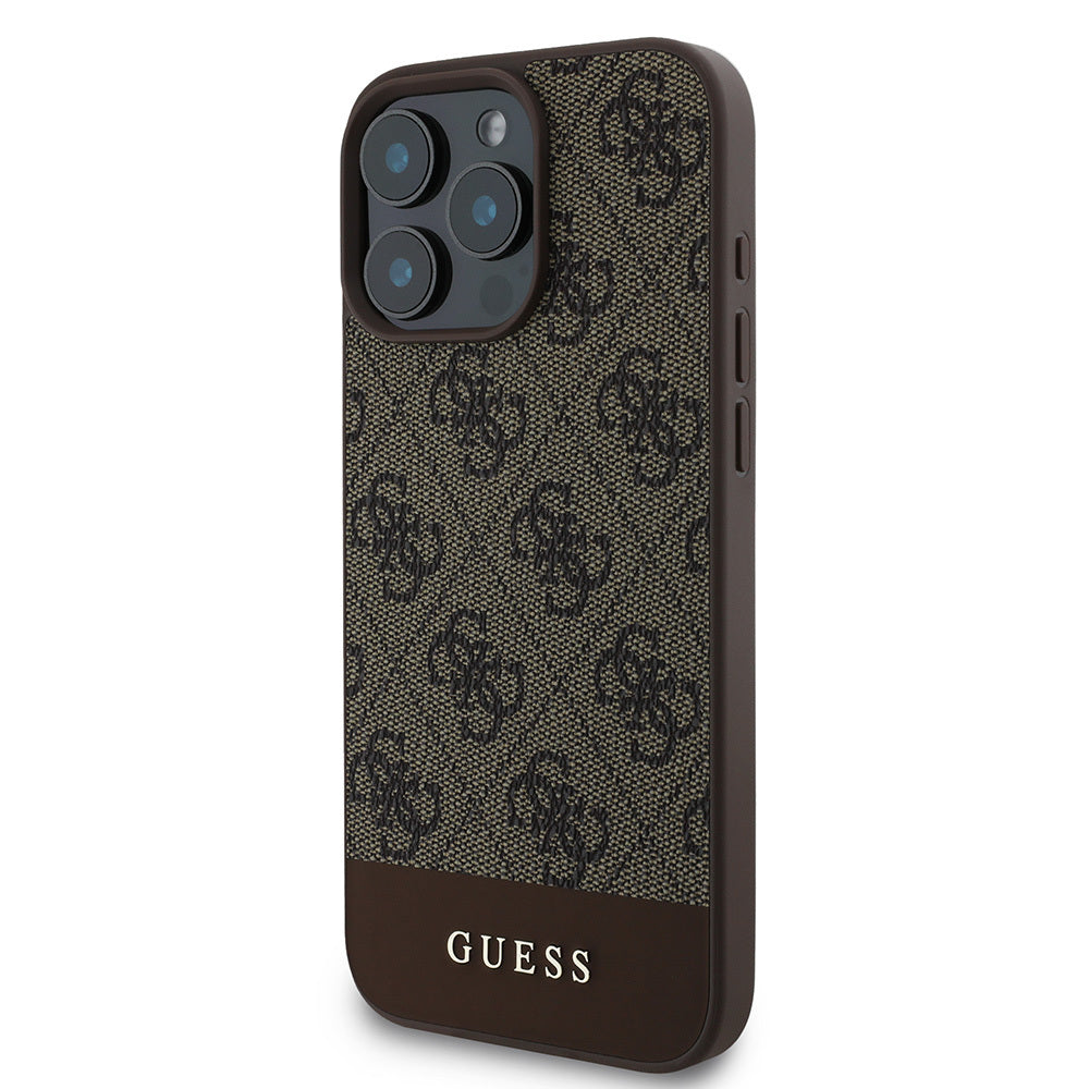 Apple iPhone 16 Pro Max Kılıf Guess Orjinal Lisanslı M-safe Şarj Özellikli PU Deri Şerit Logo Dizaynlı Kapak Pembe