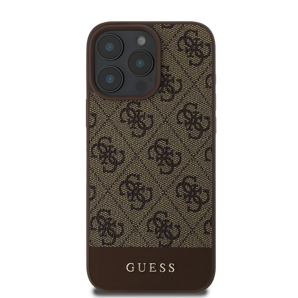 Apple iPhone 16 Pro Max Kılıf Guess Orjinal Lisanslı M-safe Şarj Özellikli PU Deri Şerit Logo Dizaynlı Kapak Pembe
