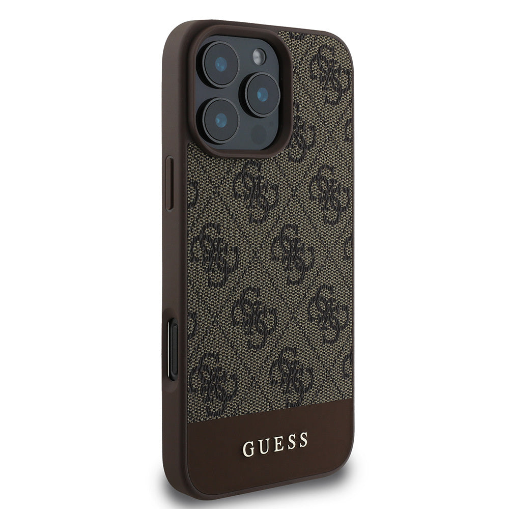 Apple iPhone 16 Pro Max Kılıf Guess Orjinal Lisanslı M-safe Şarj Özellikli PU Deri Şerit Logo Dizaynlı Kapak Siyah