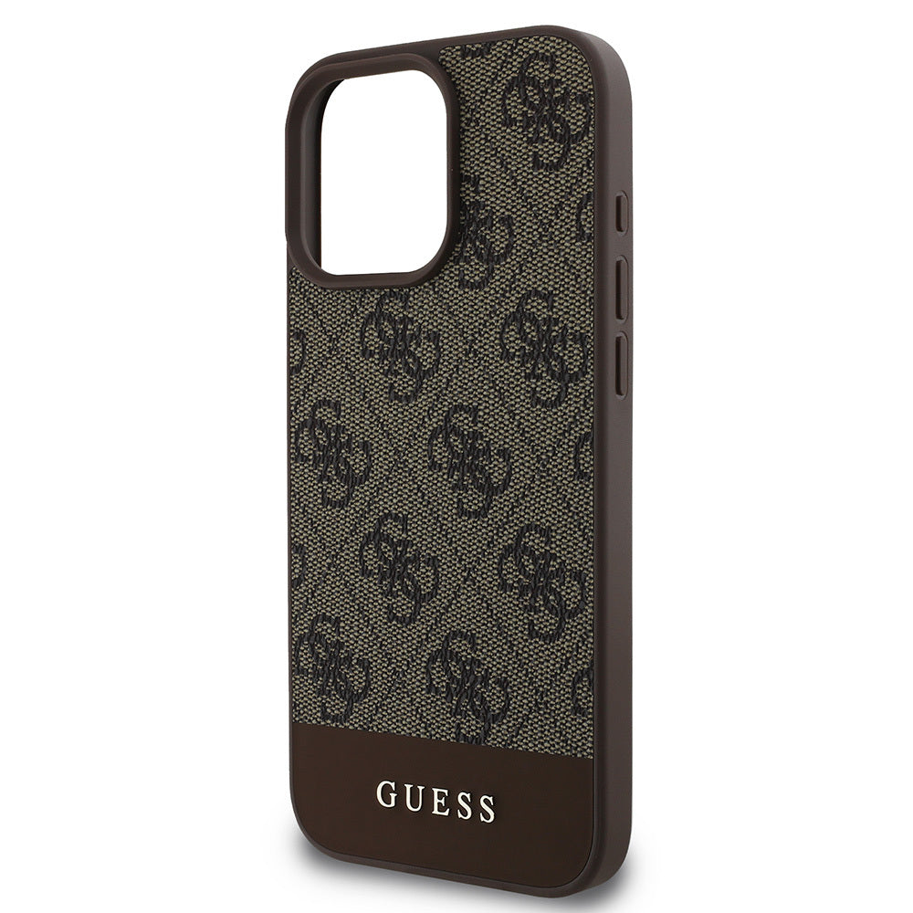Apple iPhone 16 Pro Max Kılıf Guess Orjinal Lisanslı M-safe Şarj Özellikli PU Deri Şerit Logo Dizaynlı Kapak Pembe