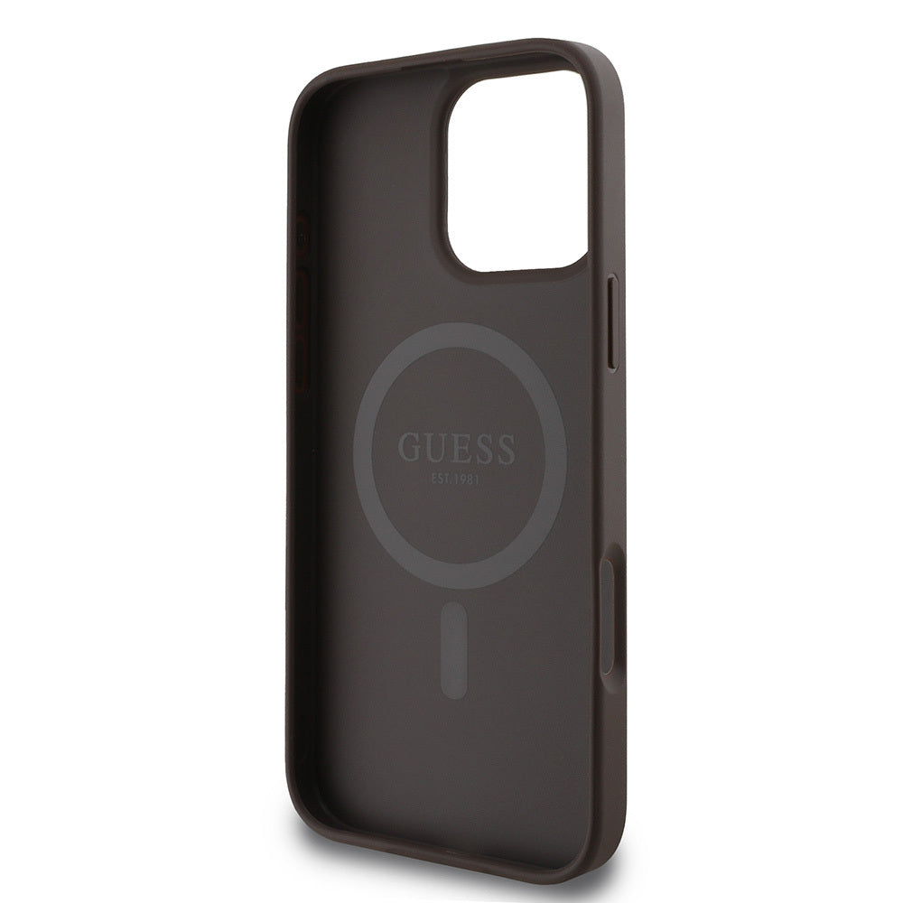 Apple iPhone 16 Pro Max Kılıf Guess Orjinal Lisanslı M-safe Şarj Özellikli PU Deri Şerit Logo Dizaynlı Kapak Siyah