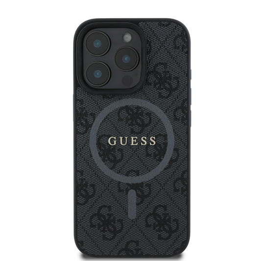Apple iPhone 16 Pro Max Kılıf Guess Orjinal Lisanslı M-safe Şarj Özellikli PU Halkalı 4G Desenli Yazı Logolu Kapak