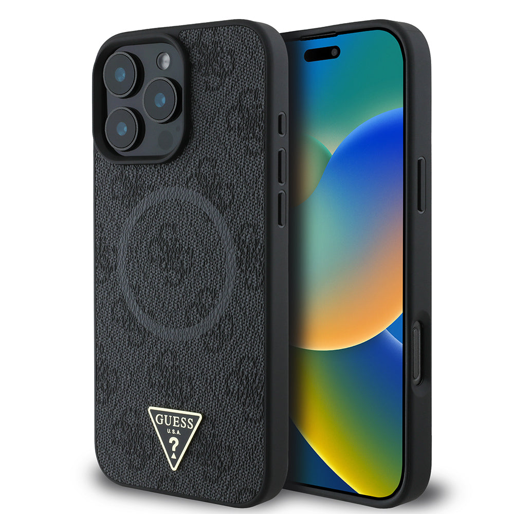 Apple iPhone 16 Pro Max Kılıf Guess Orjinal Lisanslı M-safe Şarj Özellikli PU Üçgen Logo 4G Desenli Kapak Kahverengi