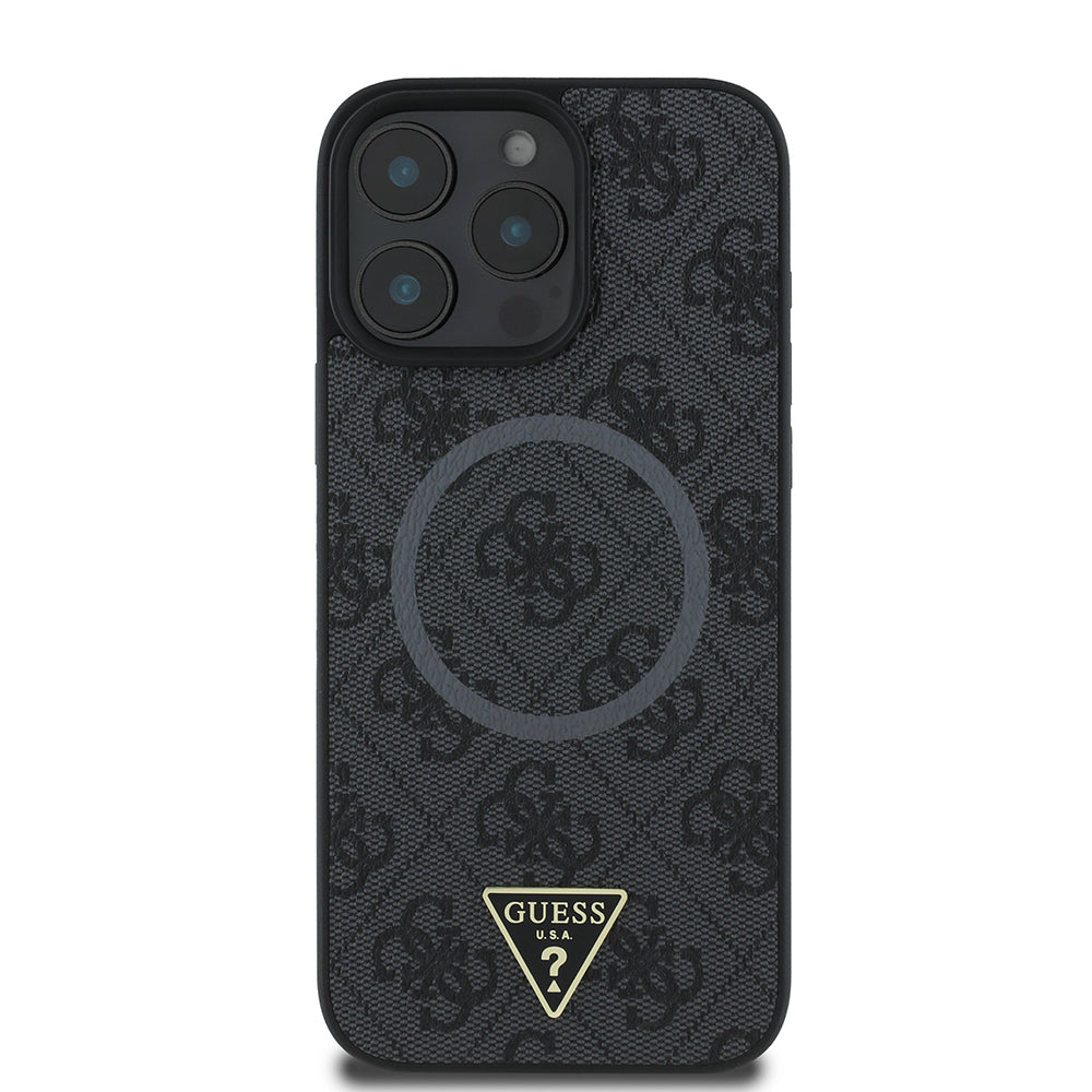 Apple iPhone 16 Pro Max Kılıf Guess Orjinal Lisanslı M-safe Şarj Özellikli PU Üçgen Logo 4G Desenli Kapak Siyah