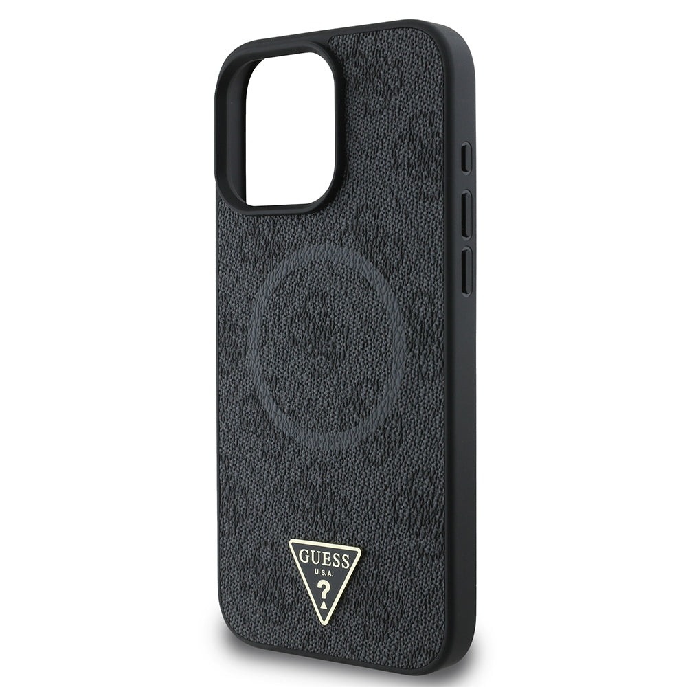 Apple iPhone 16 Pro Max Kılıf Guess Orjinal Lisanslı M-safe Şarj Özellikli PU Üçgen Logo 4G Desenli Kapak Pembe