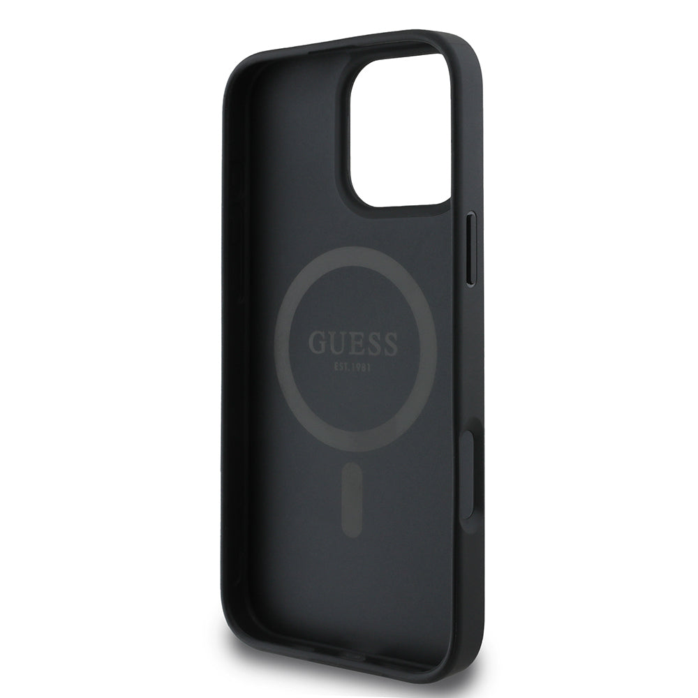 Apple iPhone 16 Pro Max Kılıf Guess Orjinal Lisanslı M-safe Şarj Özellikli PU Üçgen Logo 4G Desenli Kapak Siyah