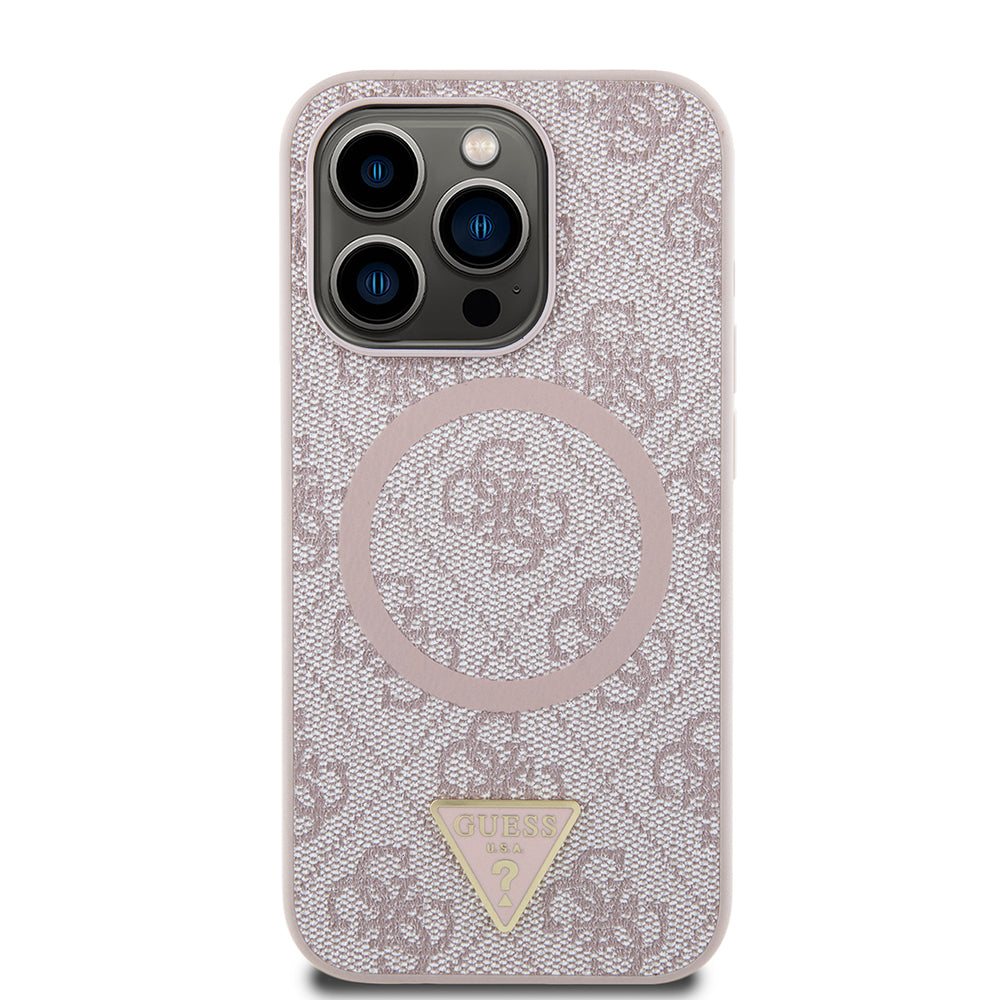 Apple iPhone 16 Pro Max Kılıf Guess Orjinal Lisanslı M-safe Şarj Özellikli PU Üçgen Logo 4G Desenli Kapak Siyah