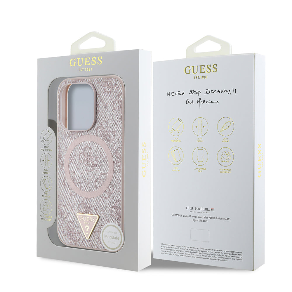 Apple iPhone 16 Pro Max Kılıf Guess Orjinal Lisanslı M-safe Şarj Özellikli PU Üçgen Logo 4G Desenli Kapak Pembe