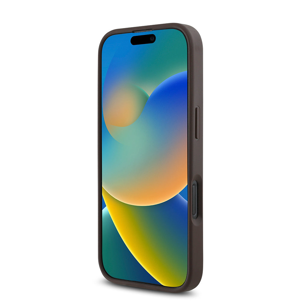Apple iPhone 16 Pro Max Kılıf Guess Orjinal Lisanslı M-safe Şarj Özellikli PU Üçgen Logo 4G Desenli Kapak Kahverengi