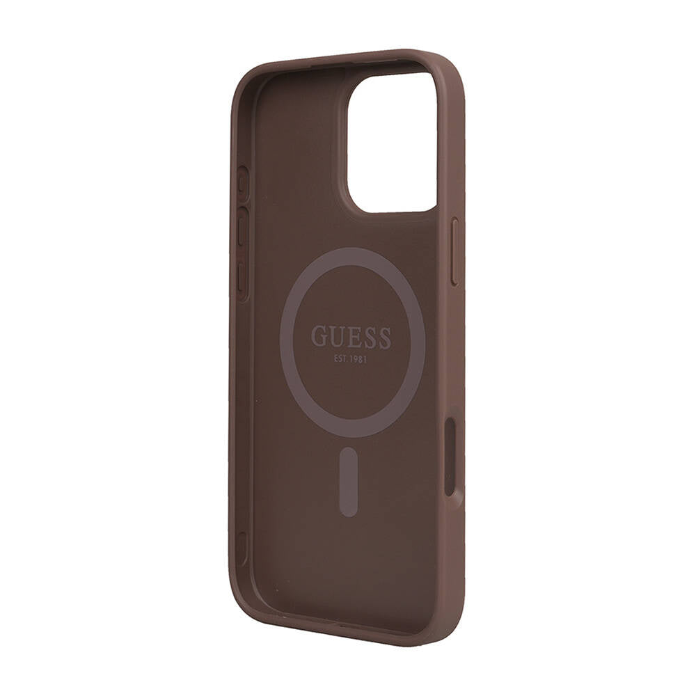 Apple iPhone 16 Pro Max Kılıf Guess Orjinal Lisanslı M-safe Şarj Özellikli Small 4G Classic Kapak Kahverengi