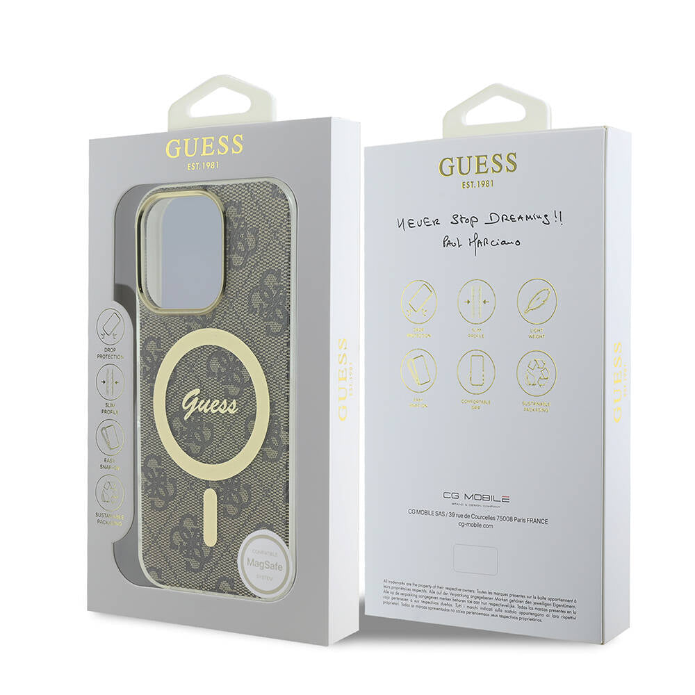 Apple iPhone 16 Pro Max Kılıf Guess Orjinal Lisanslı M-safe Şarj Özellikli Yazı Logolu 4G Desenli Kapak Pembe