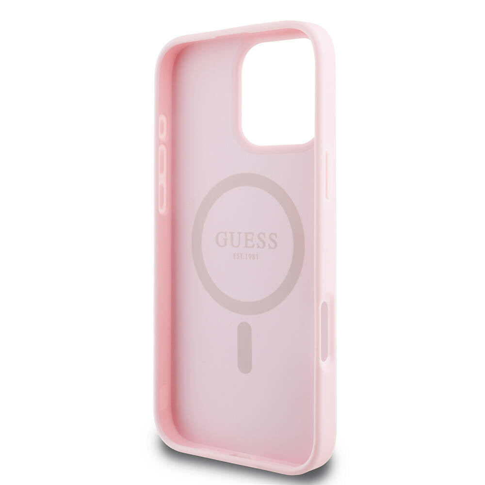 Apple iPhone 16 Pro Max Kılıf Guess Orjinal Lisanslı M-safe Şarj Özellikli Yazı Logolu Grained Kapak Pembe
