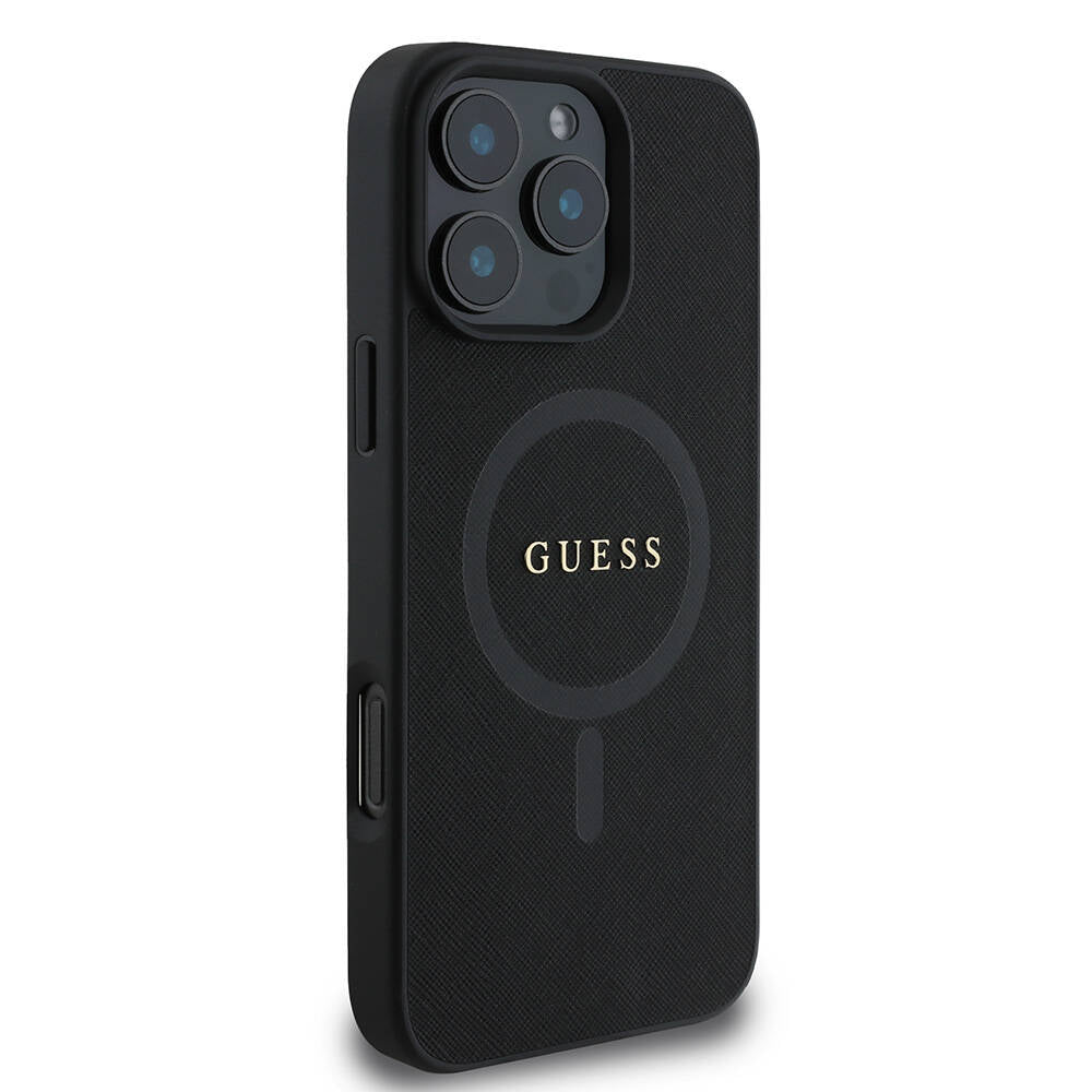 Apple iPhone 16 Pro Max Kılıf Guess Orjinal Lisanslı M-safe Şarj Özellikli Yazı Logolu Saffiano Classic Kapak Siyah