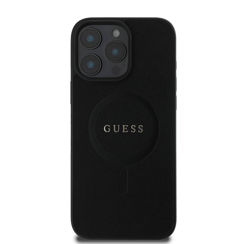 Apple iPhone 16 Pro Max Kılıf Guess Orjinal Lisanslı M-safe Şarj Özellikli Yazı Logolu Saffiano Classic Kapak Siyah