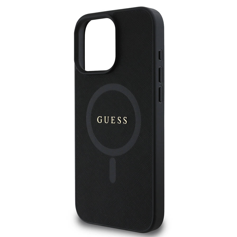Apple iPhone 16 Pro Max Kılıf Guess Orjinal Lisanslı M-safe Şarj Özellikli Yazı Logolu Saffiano Classic Kapak Siyah