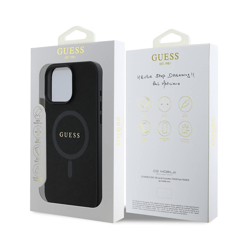 Apple iPhone 16 Pro Max Kılıf Guess Orjinal Lisanslı M-safe Şarj Özellikli Yazı Logolu Saffiano Classic Kapak Siyah