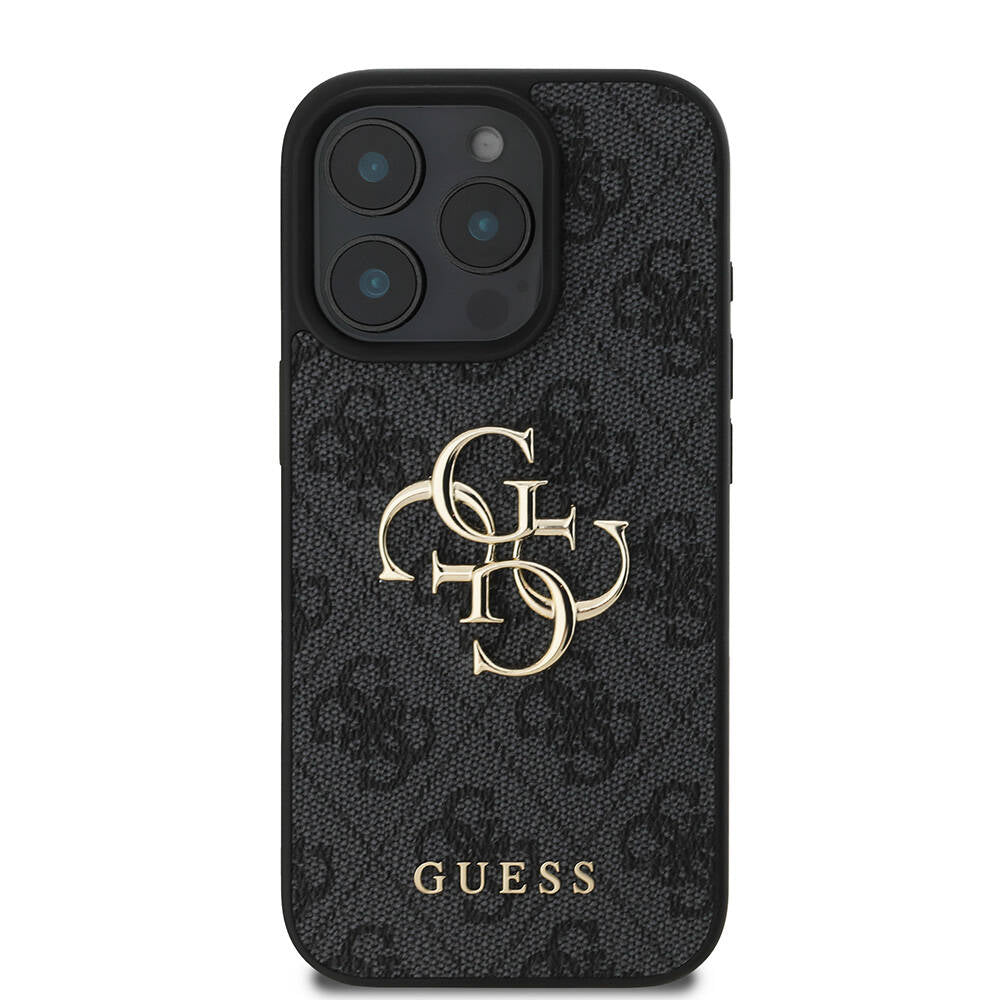 Apple iPhone 16 Pro Max Kılıf Guess Orjinal Lisanslı PU Deri 4G Desenli Metal Büyük 4G ve Yazı Logolu Kapak Kahverengi