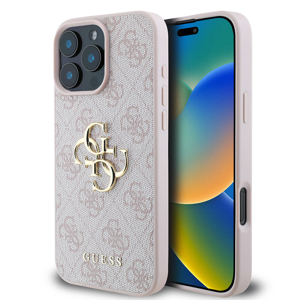 Apple iPhone 16 Pro Max Kılıf Guess Orjinal Lisanslı PU Deri 4G Desenli Metal Büyük 4G ve Yazı Logolu Kapak Kahverengi