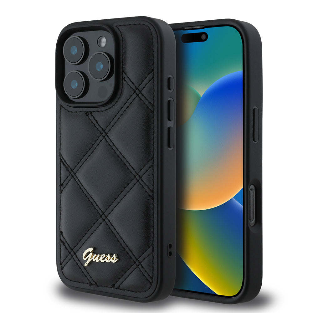 Apple iPhone 16 Pro Max Kılıf Guess Orjinal Lisanslı PU Deri Metal Yazı Logolu Kapitone Kapak