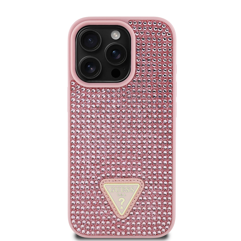 Apple iPhone 16 Pro Max Kılıf Guess Orjinal Lisanslı Taşlı Arka Yüzey Üçgen Logolu Kapak Pembe