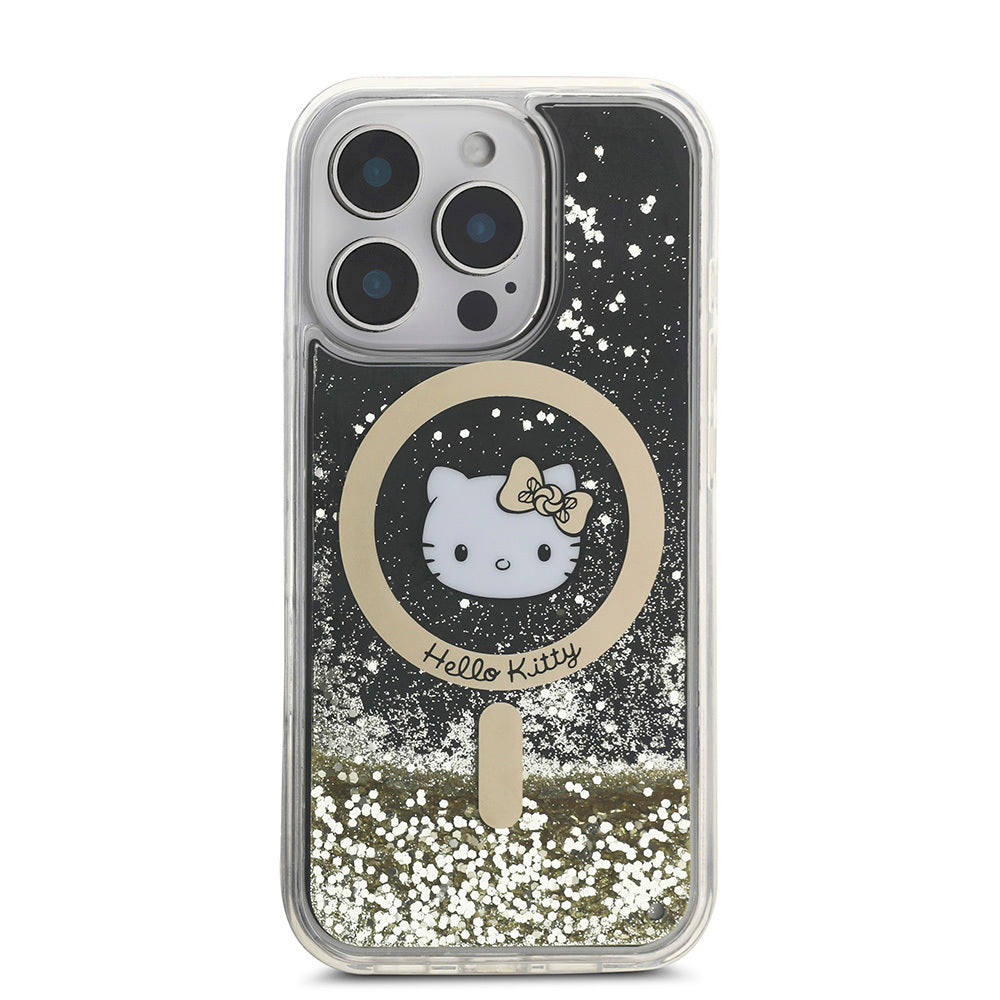 Apple iPhone 16 Pro Max Kılıf Hello Kitty Orjinal Lisanslı M-safe Şarj Özellikli IML Baskı Kitty Head Logolu Sıvılı Simli Altın Ateşi Kapak Siyah