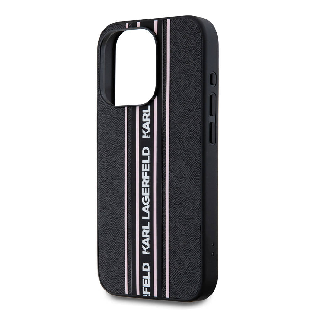 Apple iPhone 16 Pro Max Kılıf Karl Lagerfeld Orjinal Lisanslı Askılı Saffiano Athleisure Şerit Çizgili Kapak Pembe