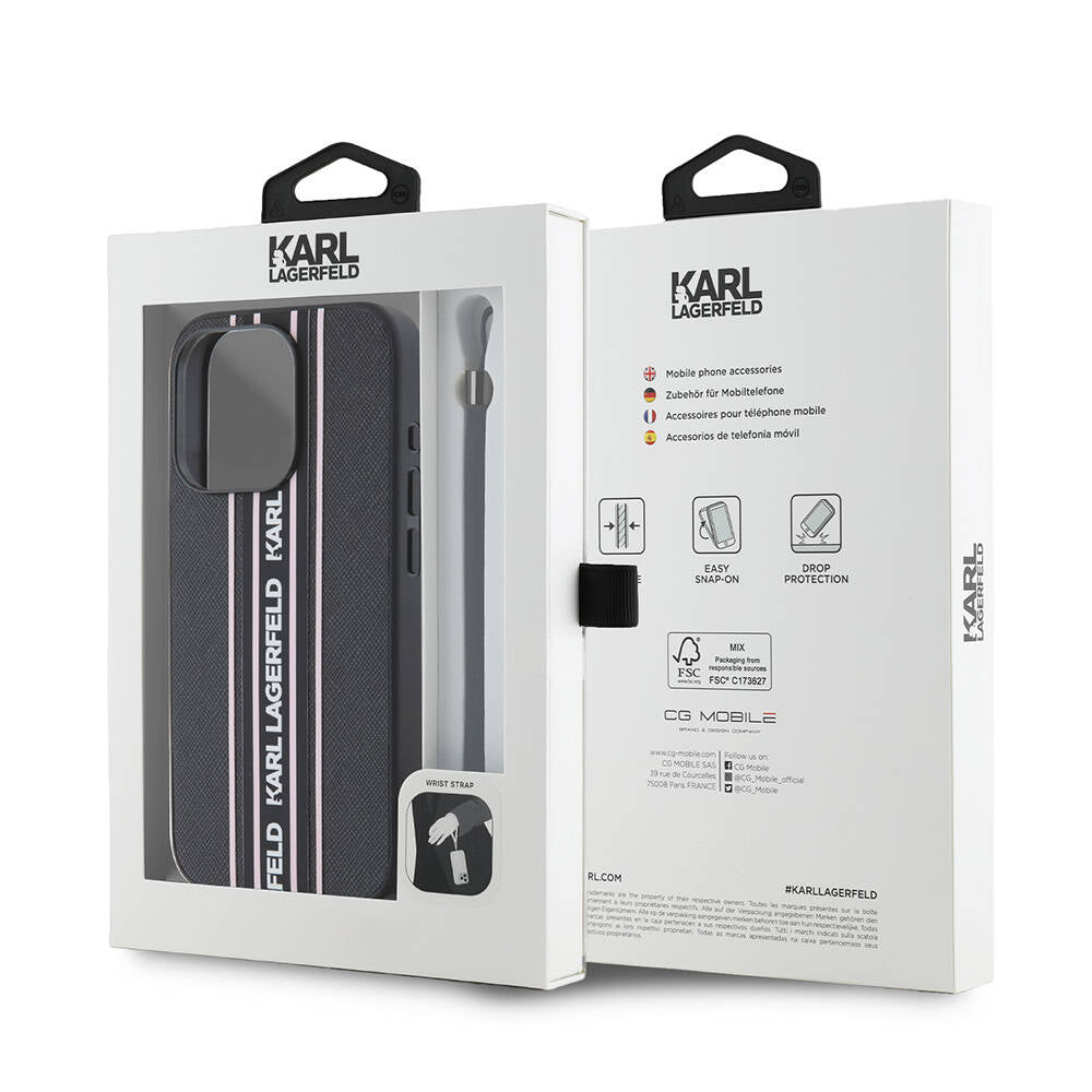 Apple iPhone 16 Pro Max Kılıf Karl Lagerfeld Orjinal Lisanslı Askılı Saffiano Athleisure Şerit Çizgili Kapak Pembe