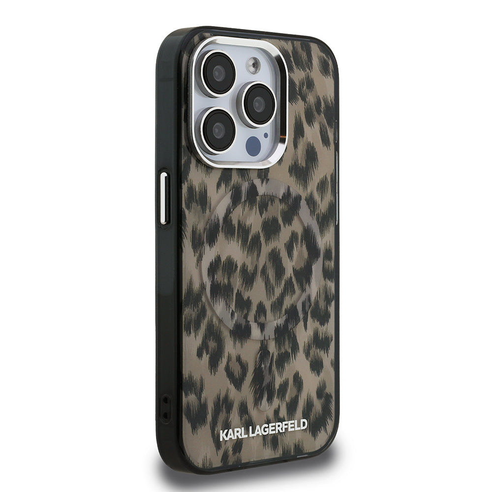 Apple iPhone 16 Pro Max Kılıf Karl Lagerfeld Orjinal Lisanslı IML Leopar Baskılı Kapak Kahverengi