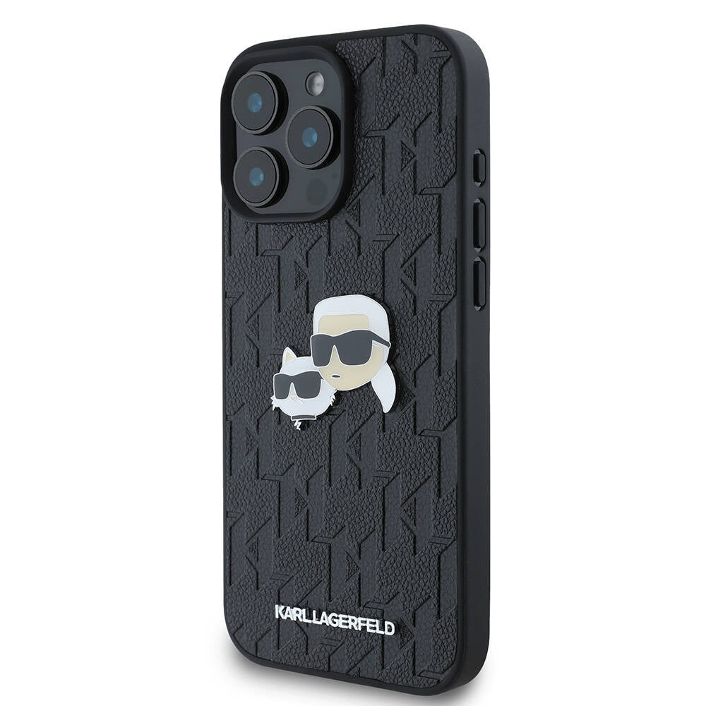 Apple iPhone 16 Pro Max Kılıf Karl Lagerfeld Orjinal Lisanslı K&C Heads Monogram Pin Kapak Siyah