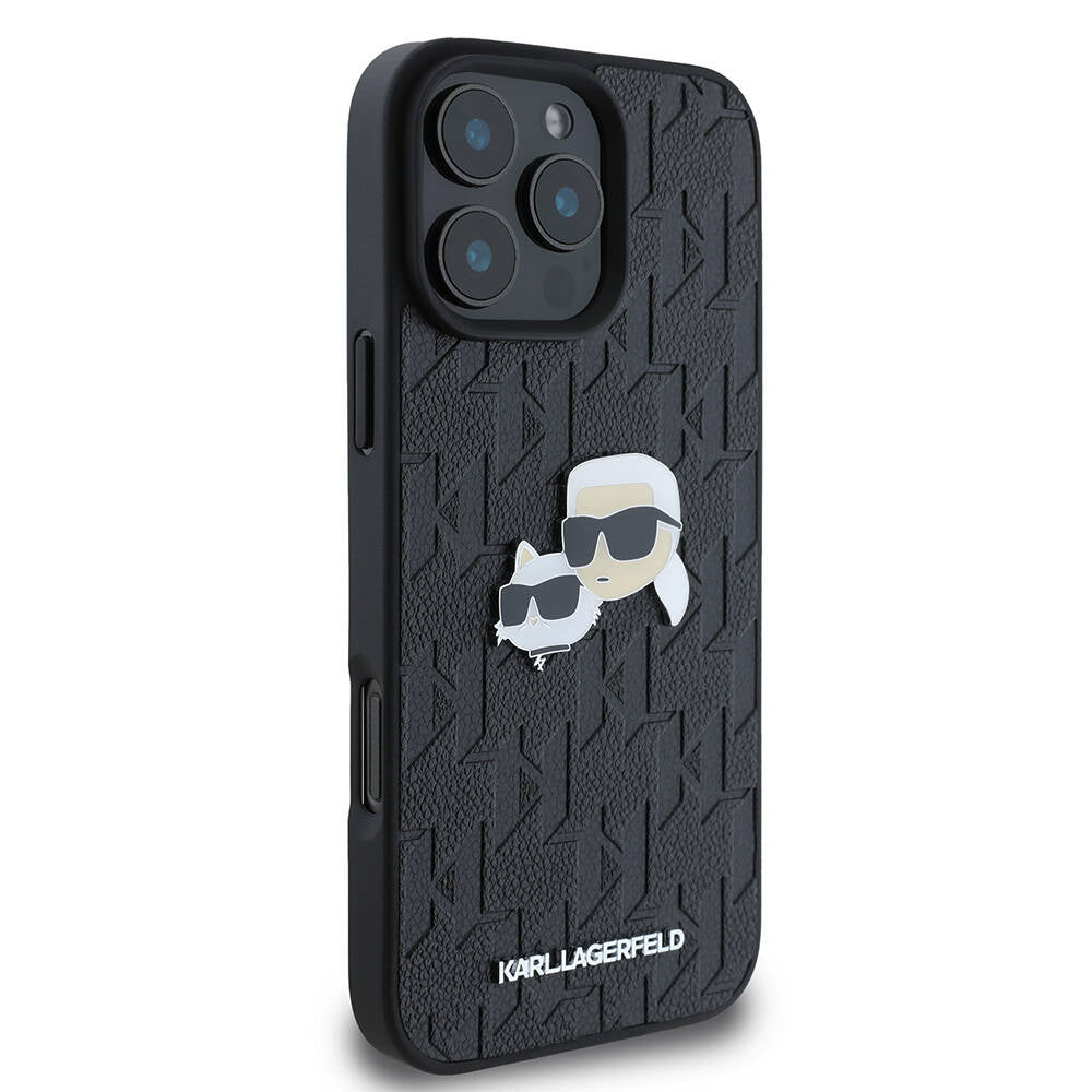 Apple iPhone 16 Pro Max Kılıf Karl Lagerfeld Orjinal Lisanslı K&C Heads Monogram Pin Kapak Siyah