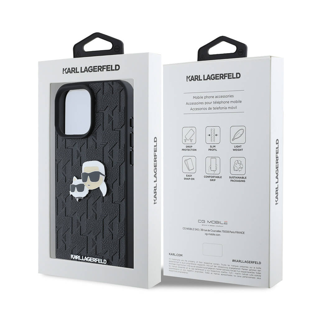 Apple iPhone 16 Pro Max Kılıf Karl Lagerfeld Orjinal Lisanslı K&C Heads Monogram Pin Kapak Siyah