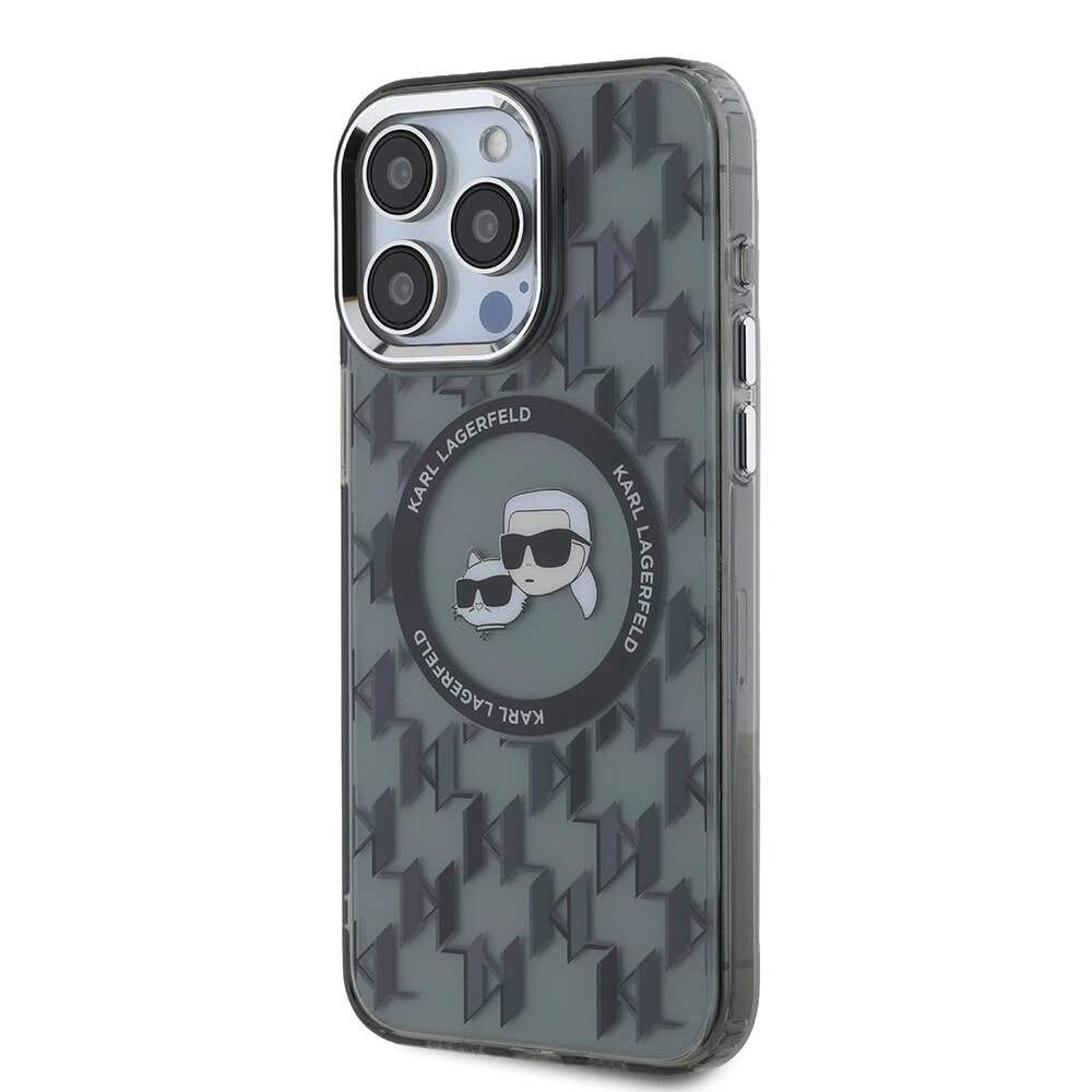 Apple iPhone 16 Pro Max Kılıf Karl Lagerfeld Orjinal Lisanslı M-safe Şarj Özellikli IML Baskılı Metal Monogram KC Heads Kapak Siyah