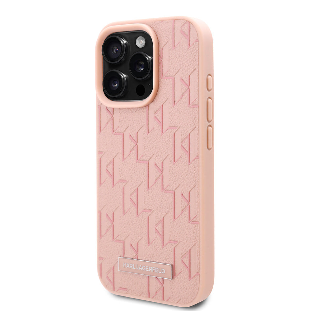Apple iPhone 16 Pro Max Kılıf Karl Lagerfeld Orjinal Lisanslı M-safe Şarj Özellikli KL Yazılı Hot Stamp Kapak Pembe