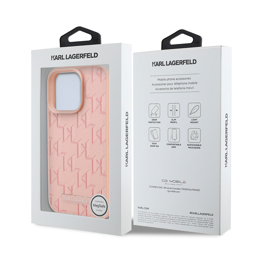 Apple iPhone 16 Pro Max Kılıf Karl Lagerfeld Orjinal Lisanslı M-safe Şarj Özellikli KL Yazılı Hot Stamp Kapak Pembe