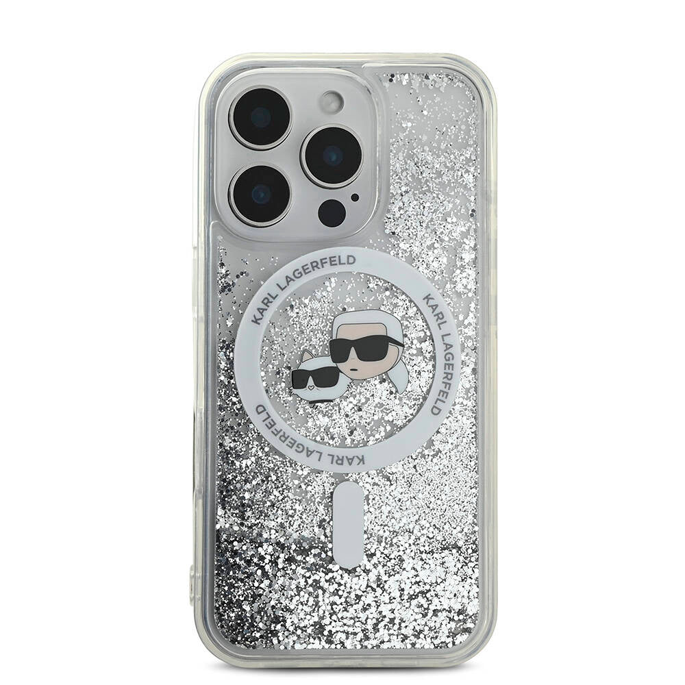 Apple iPhone 16 Pro Max Kılıf Karl Lagerfeld Orjinal Lisanslı M-safe Şarj Özellikli Sıvılı Simli KC Heads Kapak Şeffaf