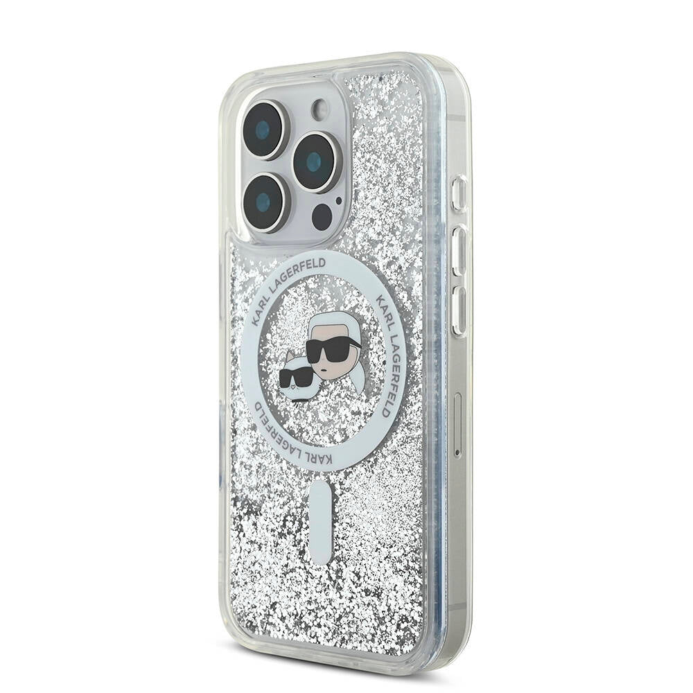 Apple iPhone 16 Pro Max Kılıf Karl Lagerfeld Orjinal Lisanslı M-safe Şarj Özellikli Sıvılı Simli KC Heads Kapak Şeffaf