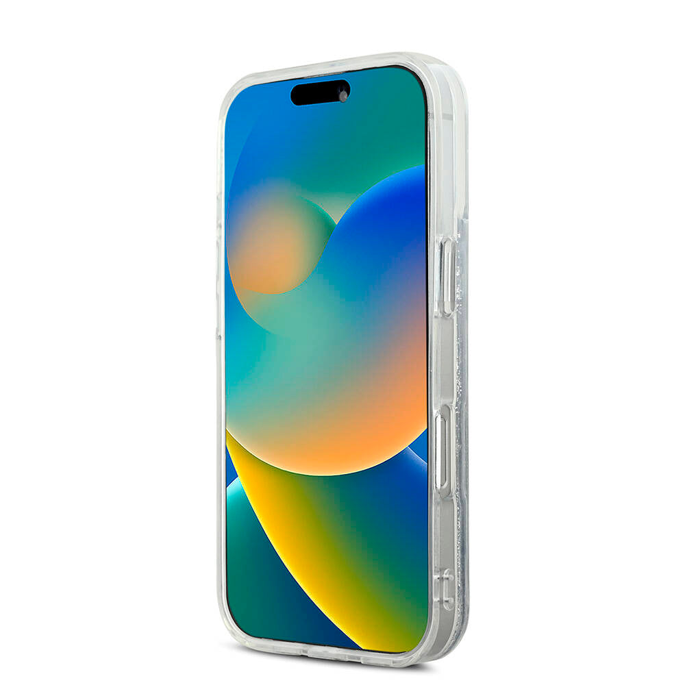 Apple iPhone 16 Pro Max Kılıf Karl Lagerfeld Orjinal Lisanslı M-safe Şarj Özellikli Sıvılı Simli KC Heads Kapak Şeffaf