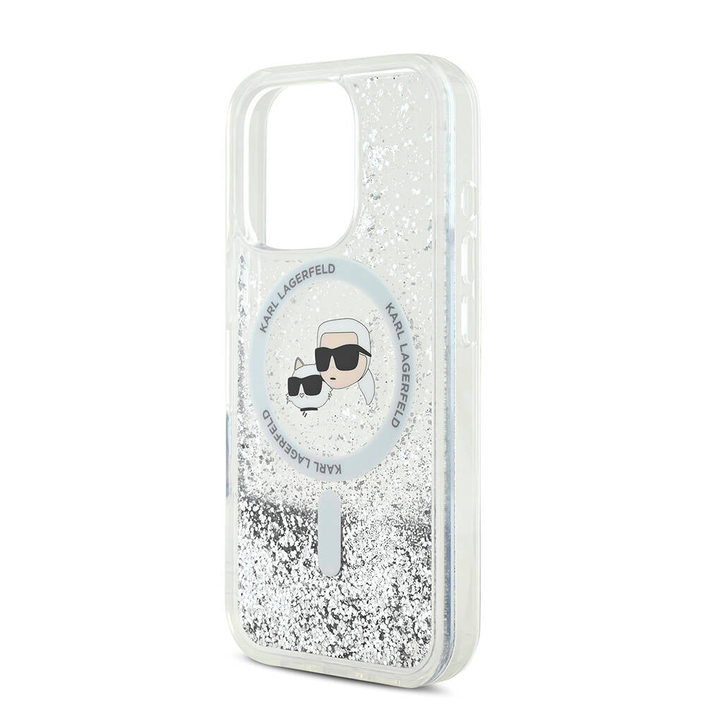 Apple iPhone 16 Pro Max Kılıf Karl Lagerfeld Orjinal Lisanslı M-safe Şarj Özellikli Sıvılı Simli KC Heads Kapak Şeffaf