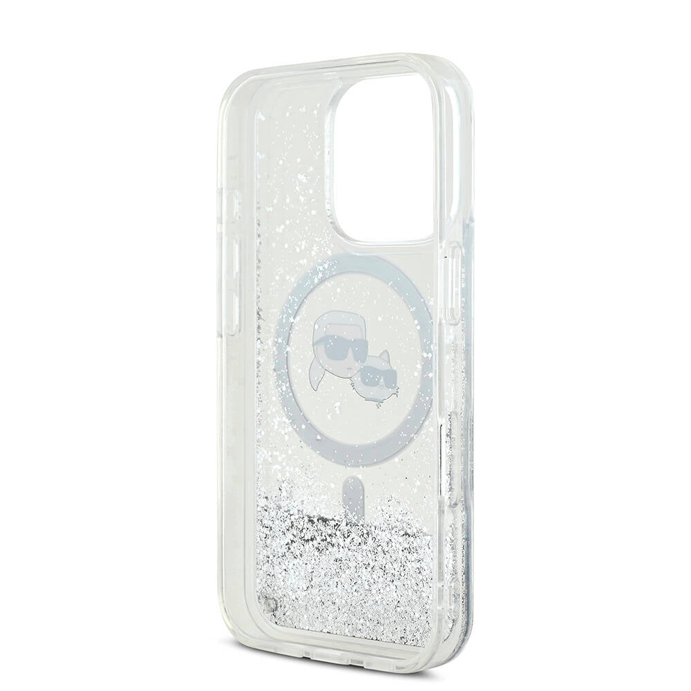 Apple iPhone 16 Pro Max Kılıf Karl Lagerfeld Orjinal Lisanslı M-safe Şarj Özellikli Sıvılı Simli KC Heads Kapak Şeffaf