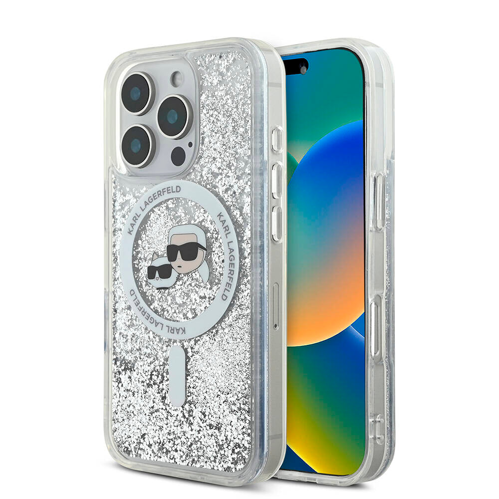 Apple iPhone 16 Pro Max Kılıf Karl Lagerfeld Orjinal Lisanslı M-safe Şarj Özellikli Sıvılı Simli KC Heads Kapak Şeffaf