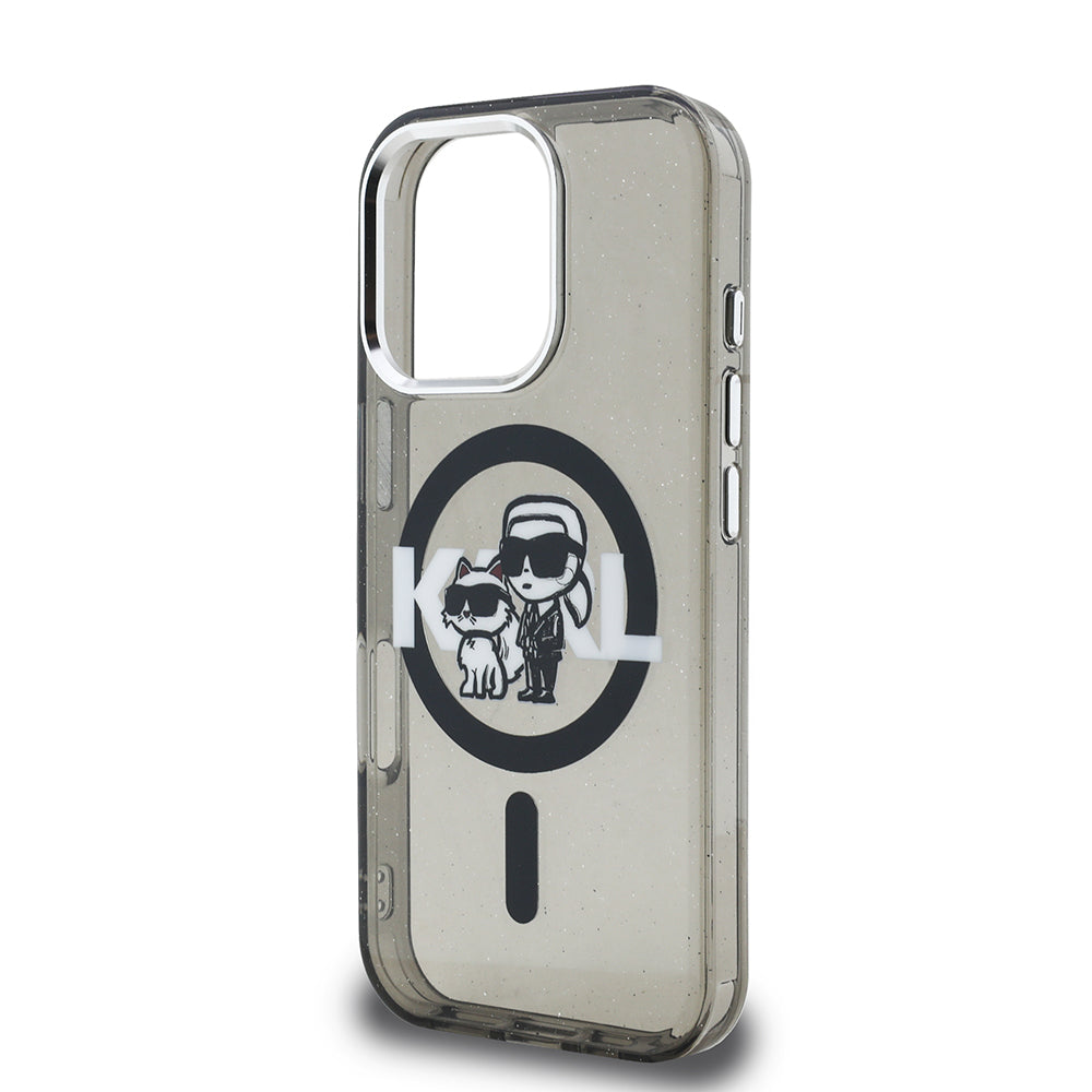 Apple iPhone 16 Pro Max Kılıf Karl Lagerfeld Orjinal Lisanslı Parlayan Simli Karl & Choupette Sketch Logo Kapak Siyah