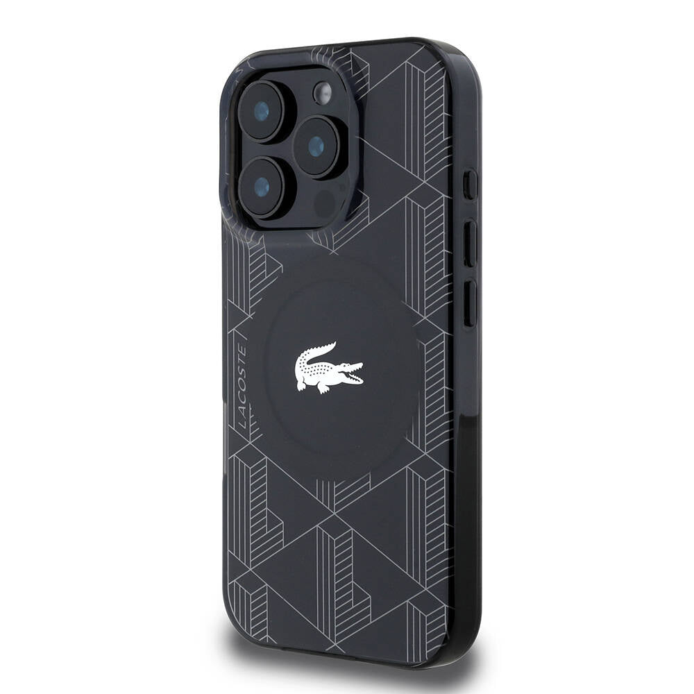 Apple iPhone 16 Pro Max Kılıf Lacoste Orjinal Lisanslı M-safe Şarj Özellikli IML Baskılı Gümüş Timsah Logolu Monogram Kapak Lacivert