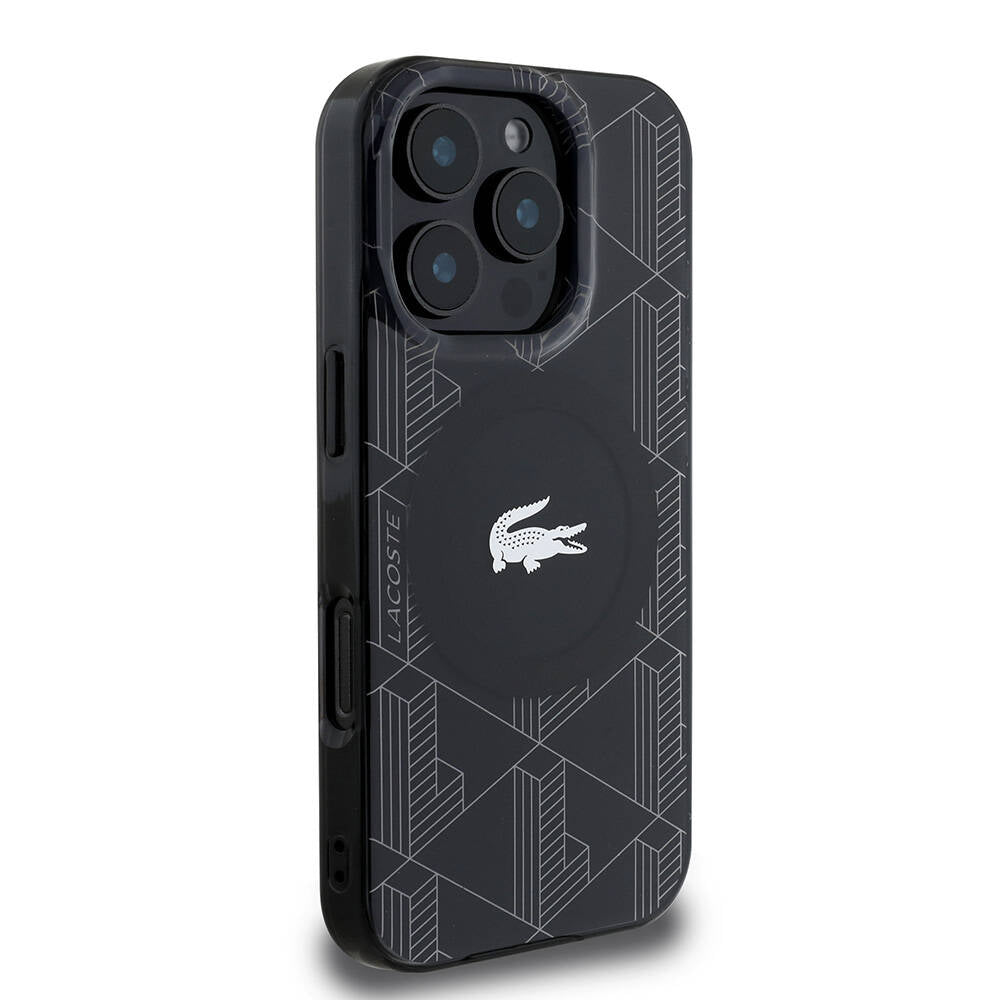 Apple iPhone 16 Pro Max Kılıf Lacoste Orjinal Lisanslı M-safe Şarj Özellikli IML Baskılı Gümüş Timsah Logolu Monogram Kapak Lacivert